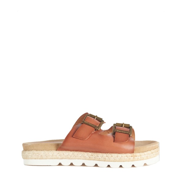 NEW Barbour Lucille Leather Espadrille Sandal Double Buckle Strap Brown Slip On - Picture 2 of 7